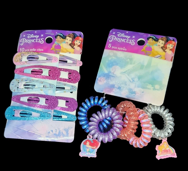 Disney Princess Multicolor Kids Hair Band Spirals 5 Ct & 10 Snap Clips Glitter