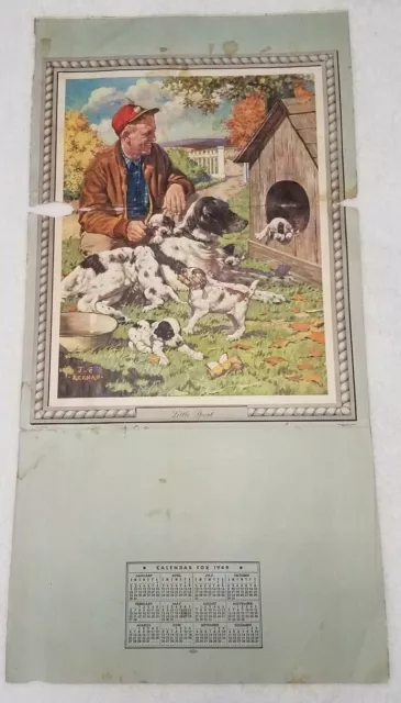 Original J.F. Kernan Little Sport man w/ dogs 1949 calendar print 44"x22"