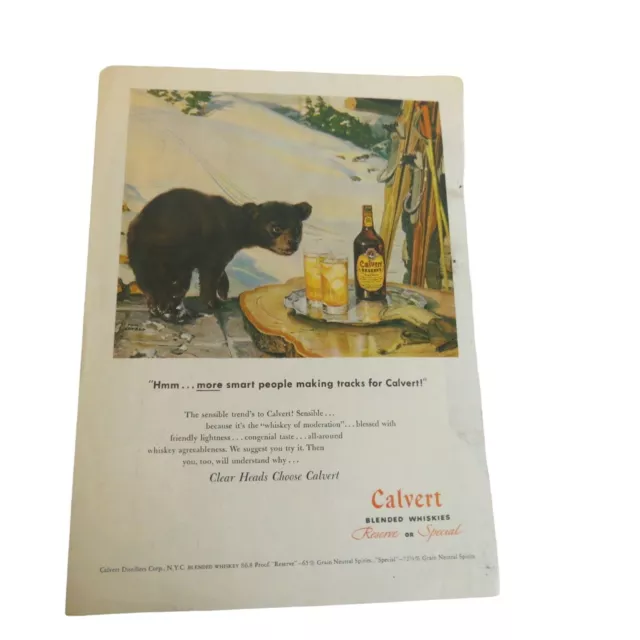 Calvert Blended Whiskies Advertising Print Ad 1947 Tom Lovell Illustration Bear