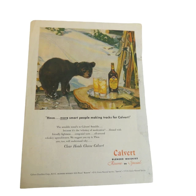 Calvert Blended Whiskies Advertising Print Ad 1947 Tom Lovell Illustration Bear