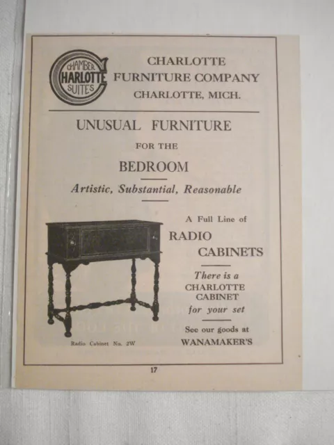 1924 Ad Charlotte Furniture Co., Mich. Radio Cabinets and Unusual Furniture