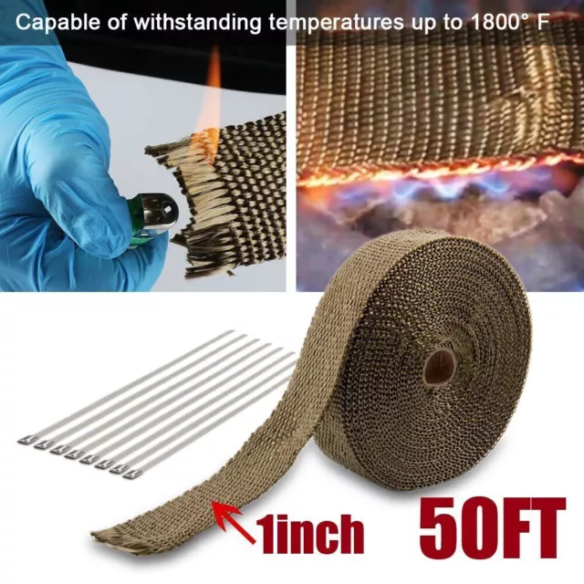 1"x50ft Roll Titanium Header Turbo Pipe Manifold Exhaust Heat Wrap Tape 10 Ties 2