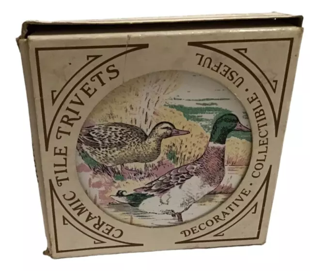 Vintage Mallard Ducks Pheasants Birds Ceramic Tile Trivets Coasters Set Org Box