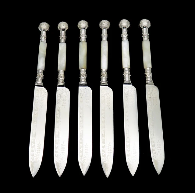 Lovely 6 Set English Silver Plated EP Knife Set Mother of Pearl Handles 8 in