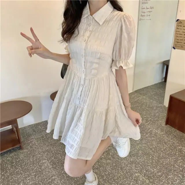 Donna Chiffon Abito Mini Plissettato Corto Puff Maniche a Balze Bottoni Carino
