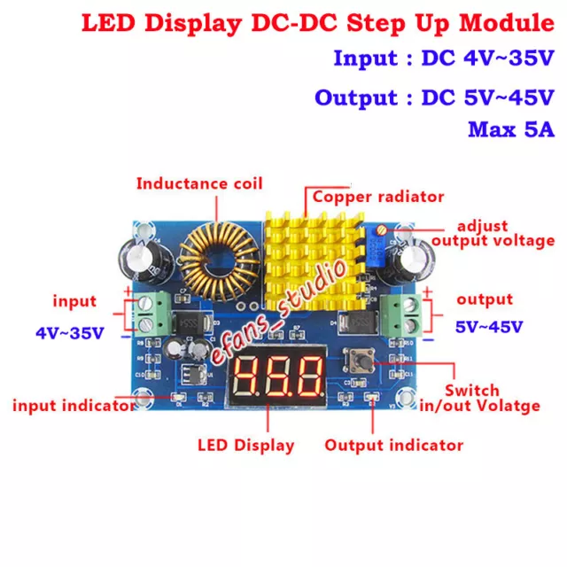 DC-DC Boost Step Up Adjustable Converter 3V-35V to 5V-45V 6V 9V 12V 24V 36V 5A