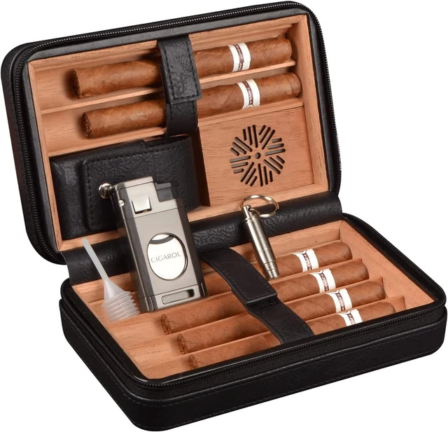 Volenx Humidor Sigari in Pelle, Custodia per Sigari con Accendino, Umidificatore