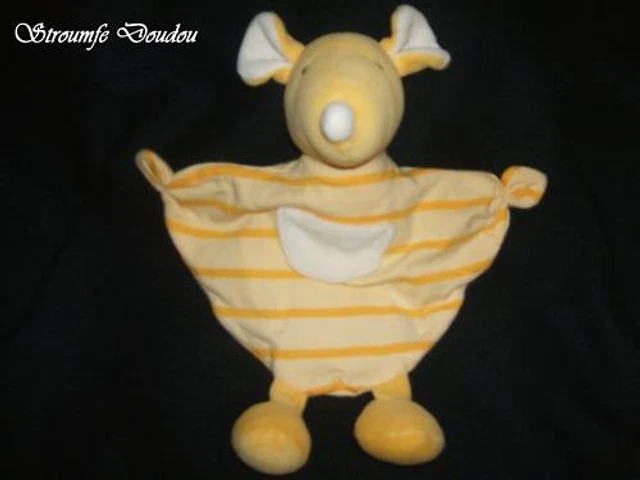 Peluche Doudou Souris BABYSUN BABY SUN Plat Rayé Jaune Blanc Noeud Hochet TTBE