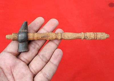 Old Early Primitive Hand Forged Miniature Iron Hammer Tool Wooden Fitting