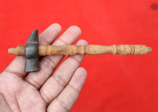 Vintage Old Primitive Hand Forged Miniature Iron Hammer Tool Wooden Fitting I358
