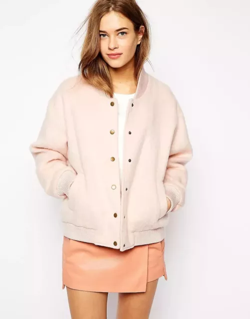 GANNI Inglewood Rose Smoke Pink Furry Wool Blend Varsity Bomber Jacket, Size L