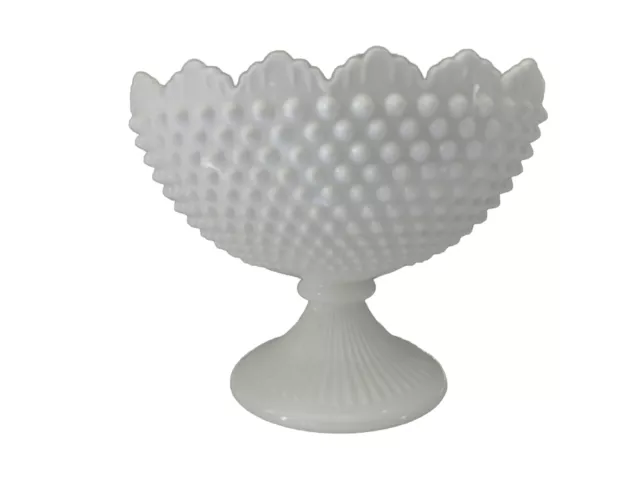 Fenton Pedestal Compote Bowl Milk Glass Hobnail Sawtooth 7" x 9" x 5.5" Vintage