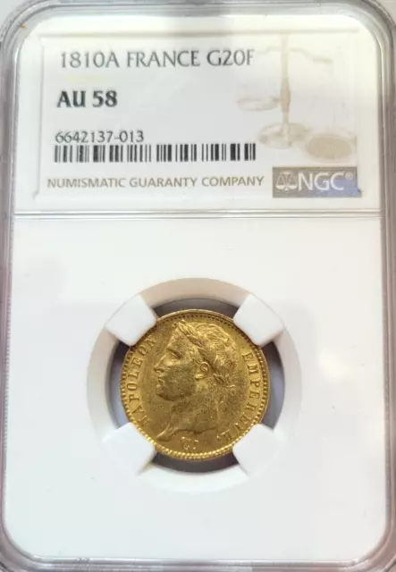 Rare et superbe pièce de 20 francs or 1810 A Napoleon I NGC AU58