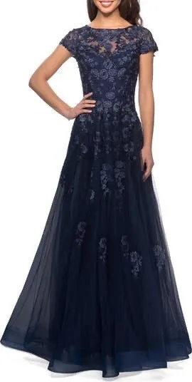 New LA FEMME Embellished Mesh A-Line Gown in Navy Size 12 Retail $619