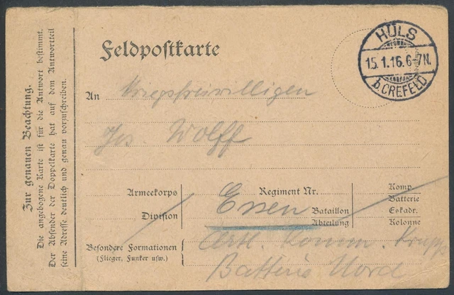 Feldpost Feldpostkarte Hüls 1916 nach Essen