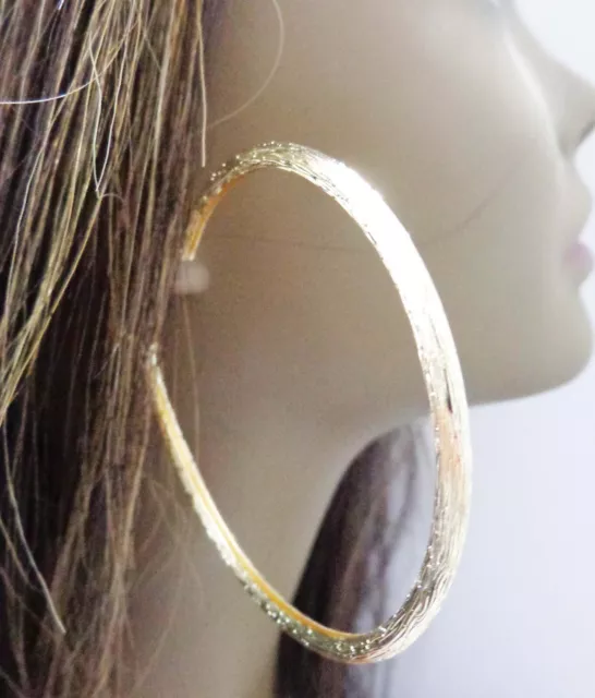 Large Hoop Earrings Round Brush Texture Gold Or Silver Tone 2.75 Inch Hoop 70Mm