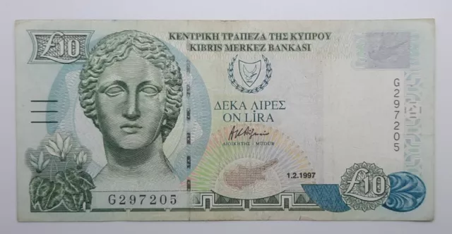 1997 - Central Bank Of Cyprus - £10 (Ten) Pounds / Lira Banknote, No. G 297205