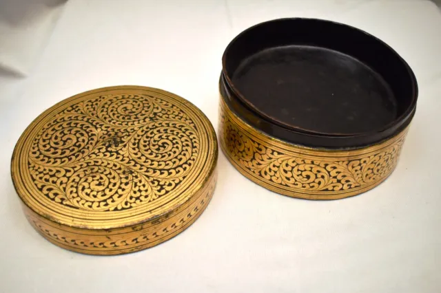 Antique Burmese Betel Nut Box Gilt Lacquerware Myanmar Floral Gold Painted Old"4 6