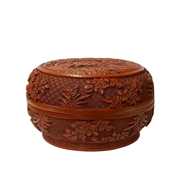 Chinese Red Resin Lacquer Round Floral Carving Accent Box ws1946