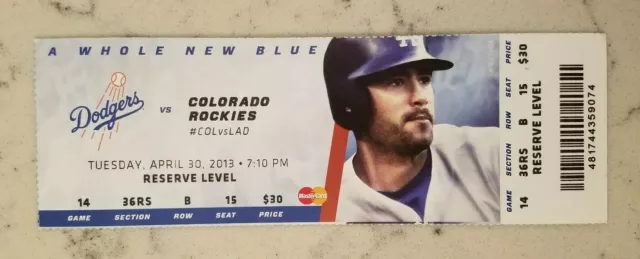 Los Angeles Dodgers Colorado Baseball Ticket 4/30 2013 C. Gonzalez HR 104 Stub