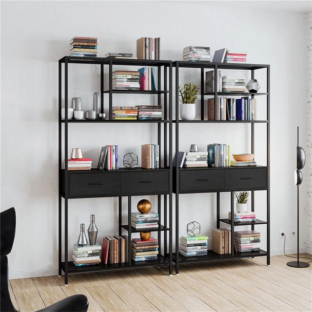 Multi Tier Bookcase Display Kitchen Shelf Cabinet Stand Organizer with 2 Drawer