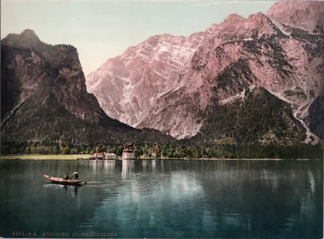 Deutschland, Ober - Bayern, Königssee St. Bartholomä. vintage print photochrom