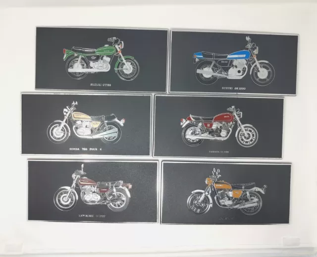 Lot of 6 vintage vinyl Motorcycle Cycle signs/plaques Honda Kawasaki Suzuki