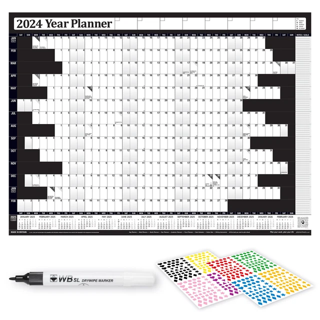 2024 LAMINATED YEARLY A1 A2 A3 Wall Planner Calendar Wipe Dry Pen