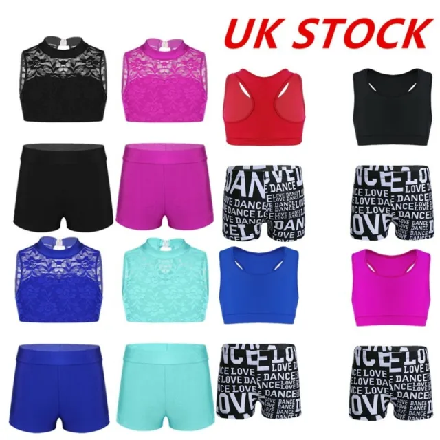 UK Kids Girls Active Dance Outfit Gym Yoga Tracksuit Crop Top+Booty Shorts Set