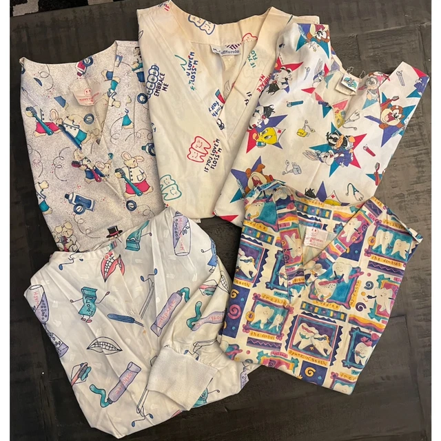 Lot of 5 Vintage Dentist/Dental Assistant Scrub Tops - One Jacket - Sz S