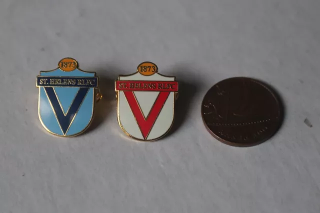 Two St Helens Rugby League Football Club enamel pin badges Saints Blue White Red