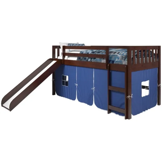 Pemberly Row Twin Solid Wood Mission Low Loft Bed with Blue Tent in Cappuccino