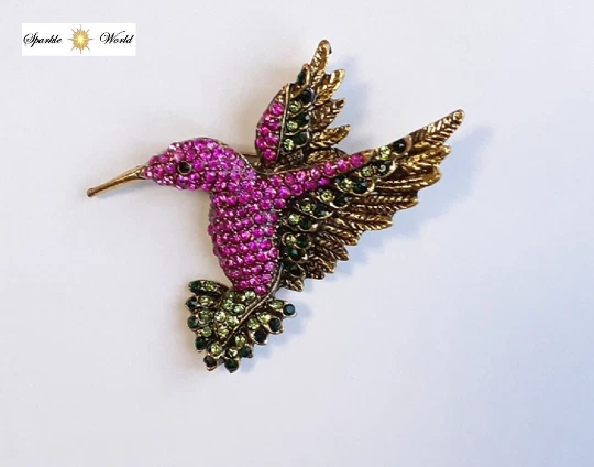 Beautiful Pink & Green Rhinestones Hummingbird Brooch for Women Bird Pin Brooch