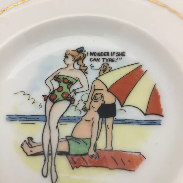 Vintage Ceramic FUN Ashtray Beach Swimsuit “I Wonder If She Can Type!” 5” Tray