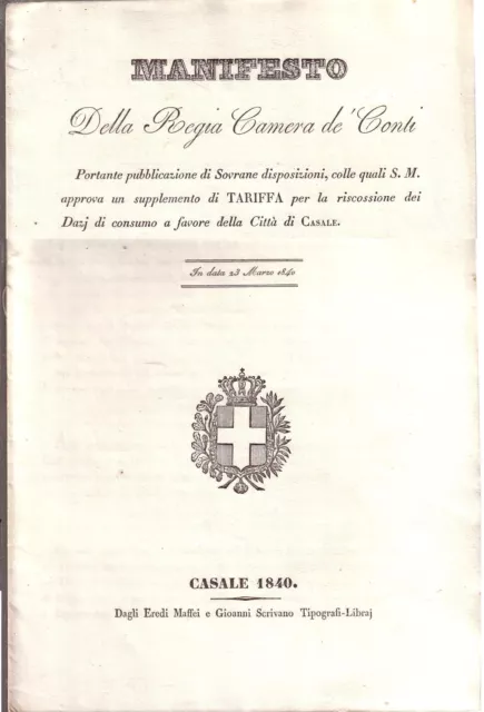 Manifesto Regia Camera De' Conti Riscossione Dazi Consumo - Casale 1840 - Qjk6