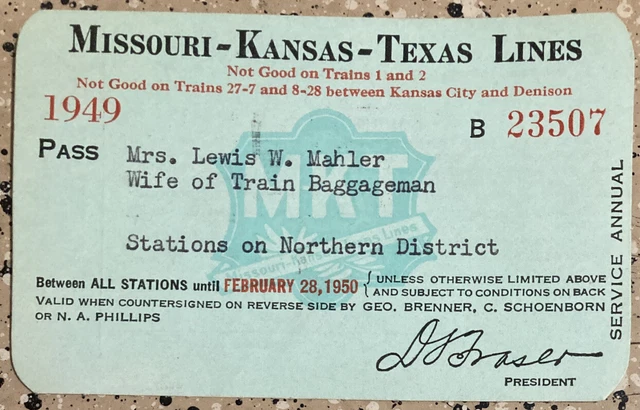 1949 Missouris Kansas Texas Railroad Railway Lines Annual Pass