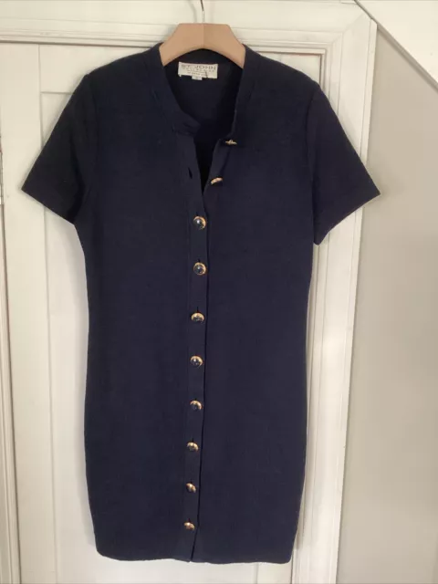 St John Collection Santana Knit Navy Blue  Gold Button Shirt Dress Size 6