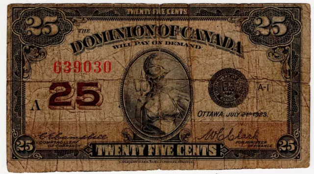 1923 Dominion Of Canada Twenty Five 25 Cent Shinplaster Bank Note Campbell