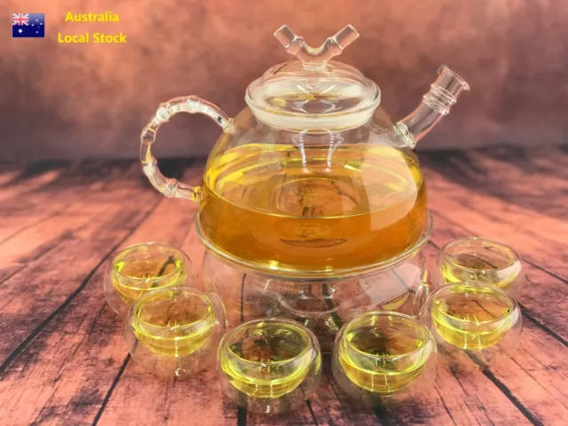 8 Piece Glass Tea Set 900ml Bamboo Style Teapot With Strainer +1 Warmer +6 Cups