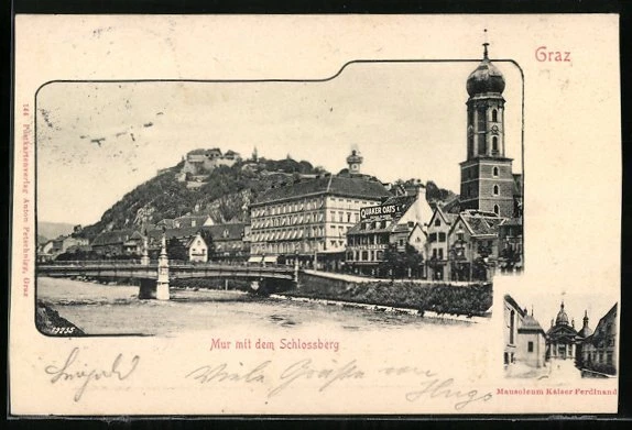 Ansichtskarte Graz, Mir mit dem Schlossberg, Mausoleum Kaiser Ferdinand 1904