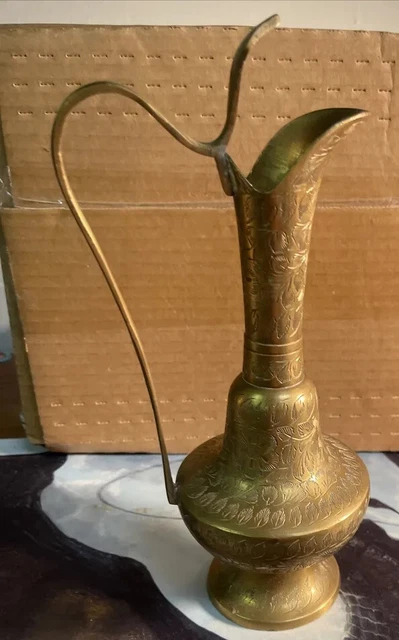 Vintage Antique etched Leaf Water floral solid brass pitcher India 9.5” Tall