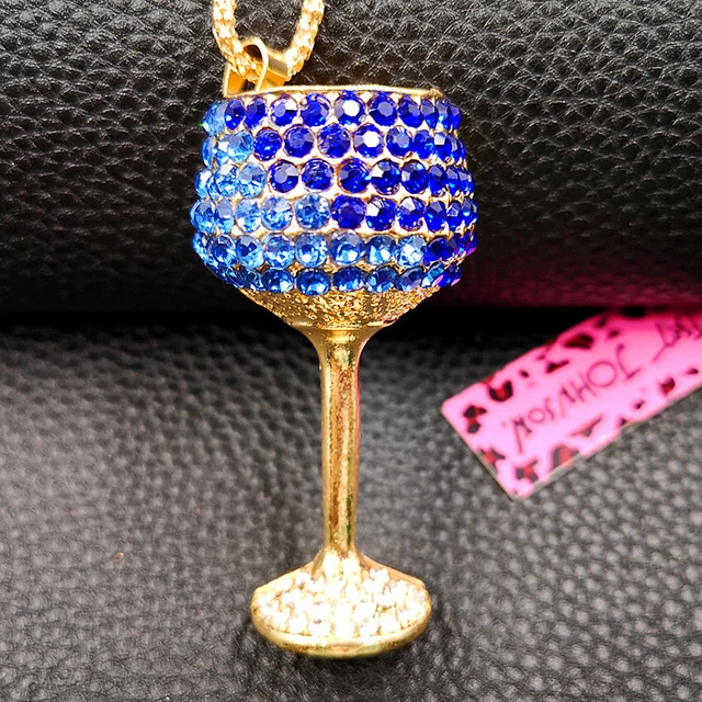 Betsey Johnson Rhinestone Wine Glass Goblet Pendant Sweater Chain Necklace Gift