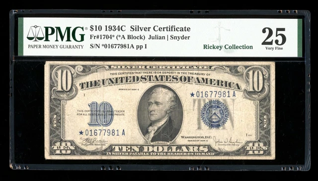 DBR 1934-C $10 Silver STAR Fr. 1704* PMG 25 Serial *01677981A