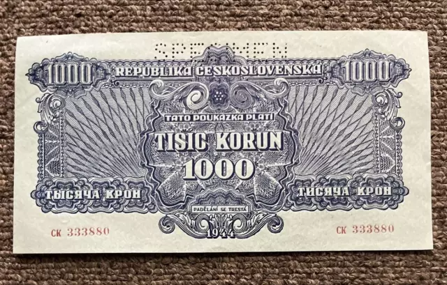 Czechoslovakia 1000 Korun 1944 Banknote Specimen Crisp Uncirculated