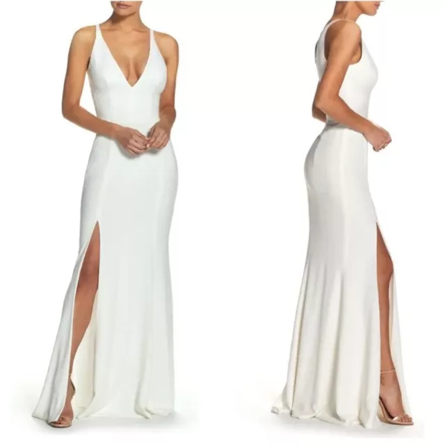 NWOT Dress The Population Iris V-Neck white maxi slit Gown size S