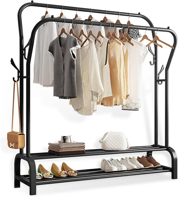 Heavy Duty Clothes Rail Clothes Rack Black Metal Garment Rack Stand for Bedroom with Storage Shelves 2 Shelf Shoe Rack