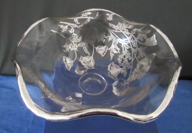 Sterling Silver Floral On Footed Glass Scalloped Bowl Vintage