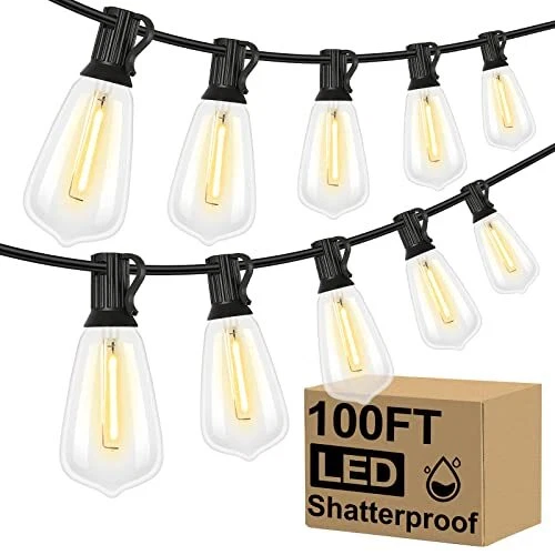 Luces de cuerda LED para exteriores de 100 pies luces de patio con 52 ST38 a prueba de roturas