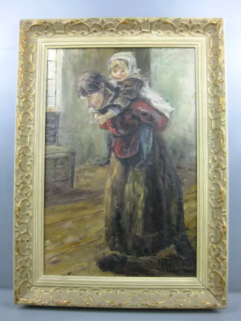 altes Gemälde Fritz v. Uhde Die große Schwester Kopie Öl/Lw. sign. antik um 1920