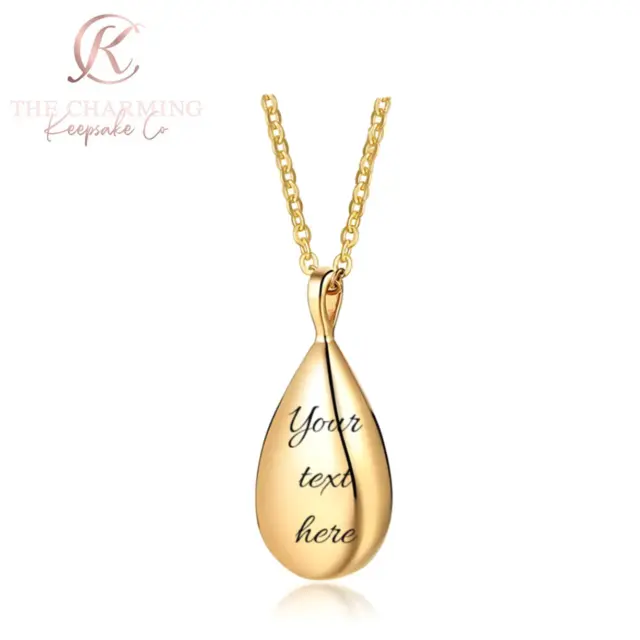 Engraved Cremation Ashes Teardrop Necklace Gold - Ladies Personalised Memorial